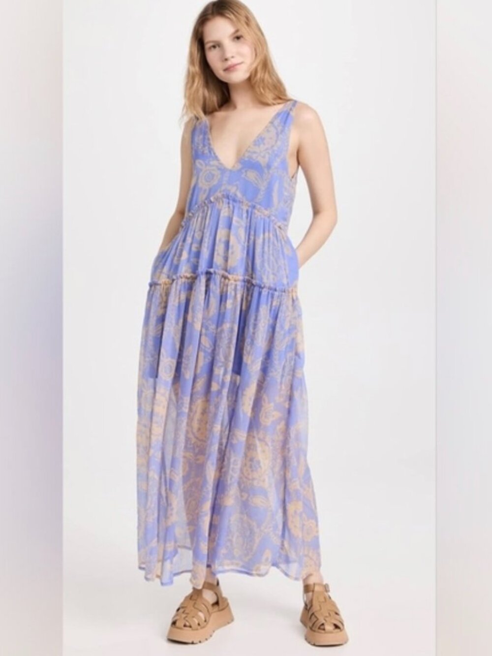 NWT Free People Sz XL Juliana Tiered Floral Chiffon Maxi Dress Bluebell Color
